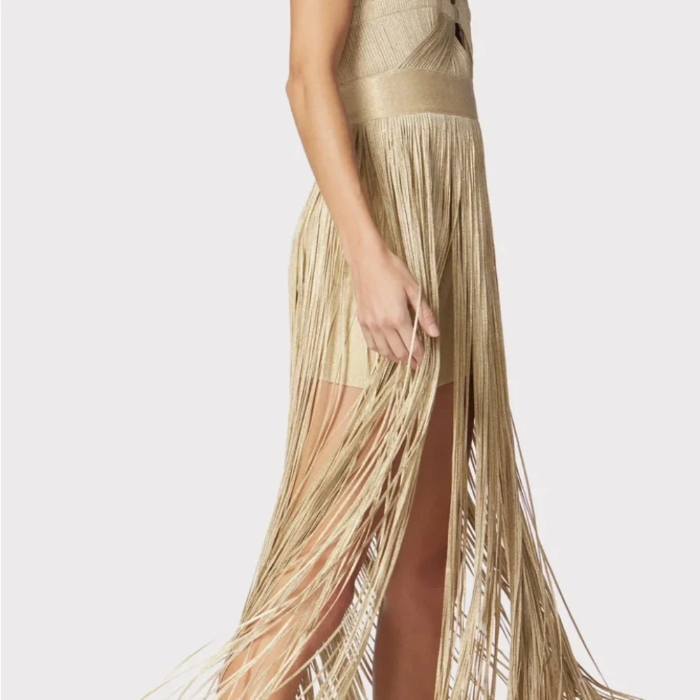 CONTOUR BUST METALLIC FRINGE GOWN Herve Leger Gold NWT - Picture 6 of 7